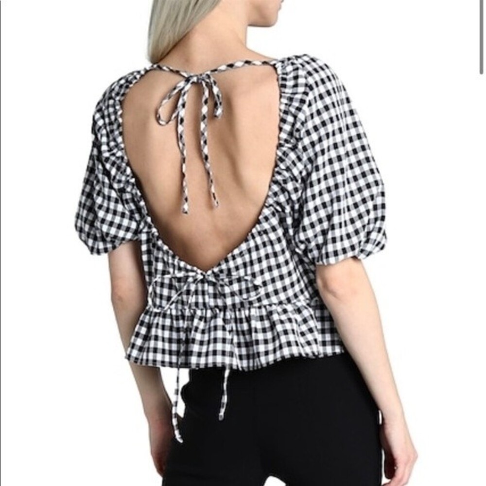 NWT TOPSHOP Gingham Puff Sleeve Peplum‎ Tie Back Crop Top Blouse US 8 UK 12